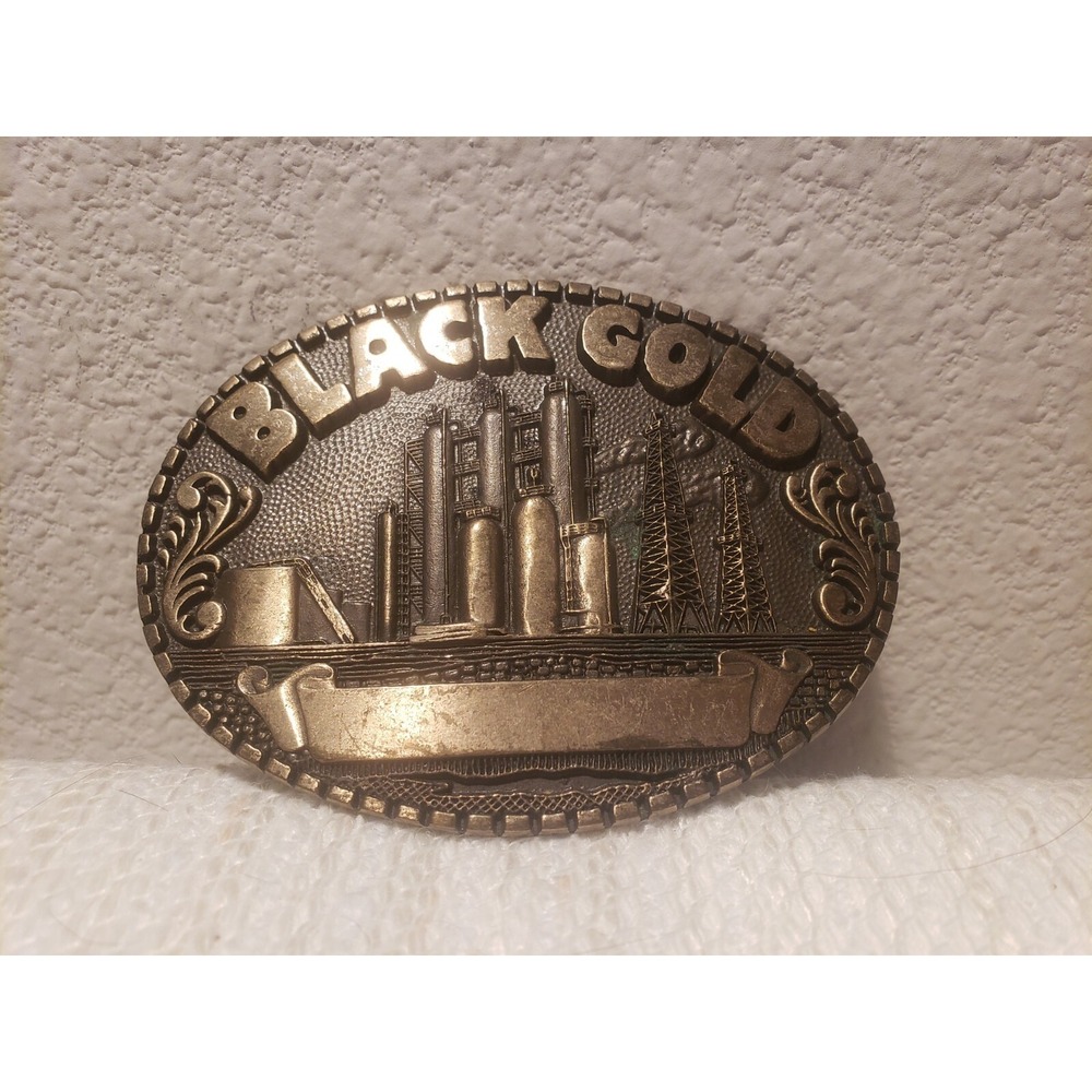 80s‎ Award Design Medals BLACK GOLD Brass OILFIELD DERRICKS 24K Plated Buckle